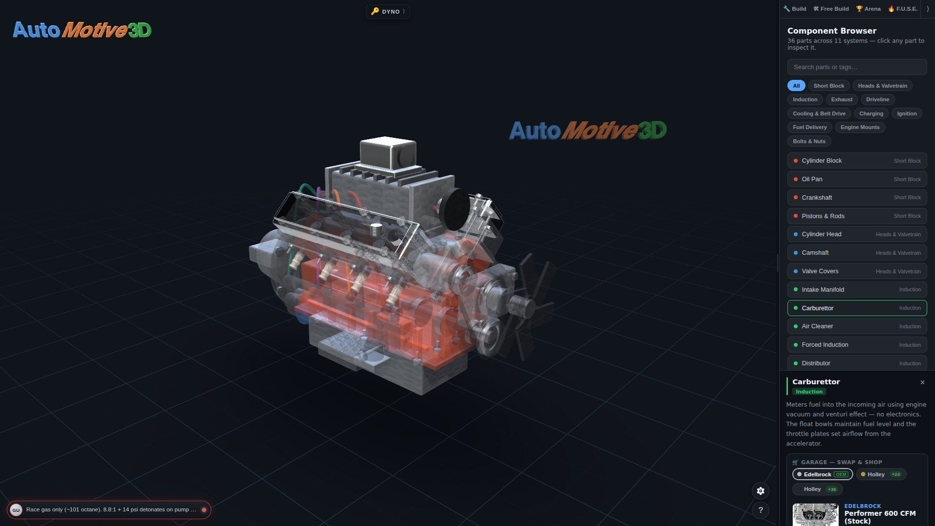 AutoMotive3D component browser open beside the 3D engine, with the carburettor selected and highlighted in the model