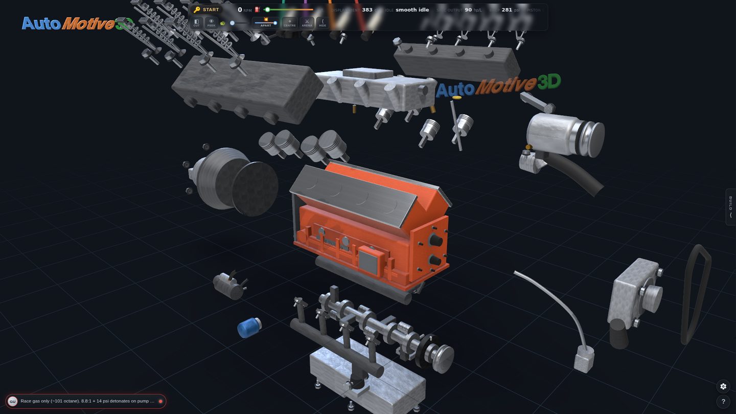 The engine pulled apart in 3D: heads, pistons, rods, crankshaft, camshaft, block and accessories separated in space