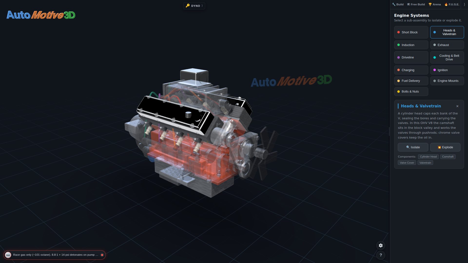 Engine Systems panel with Heads and Valvetrain selected, showing its component list and isolate and explode controls